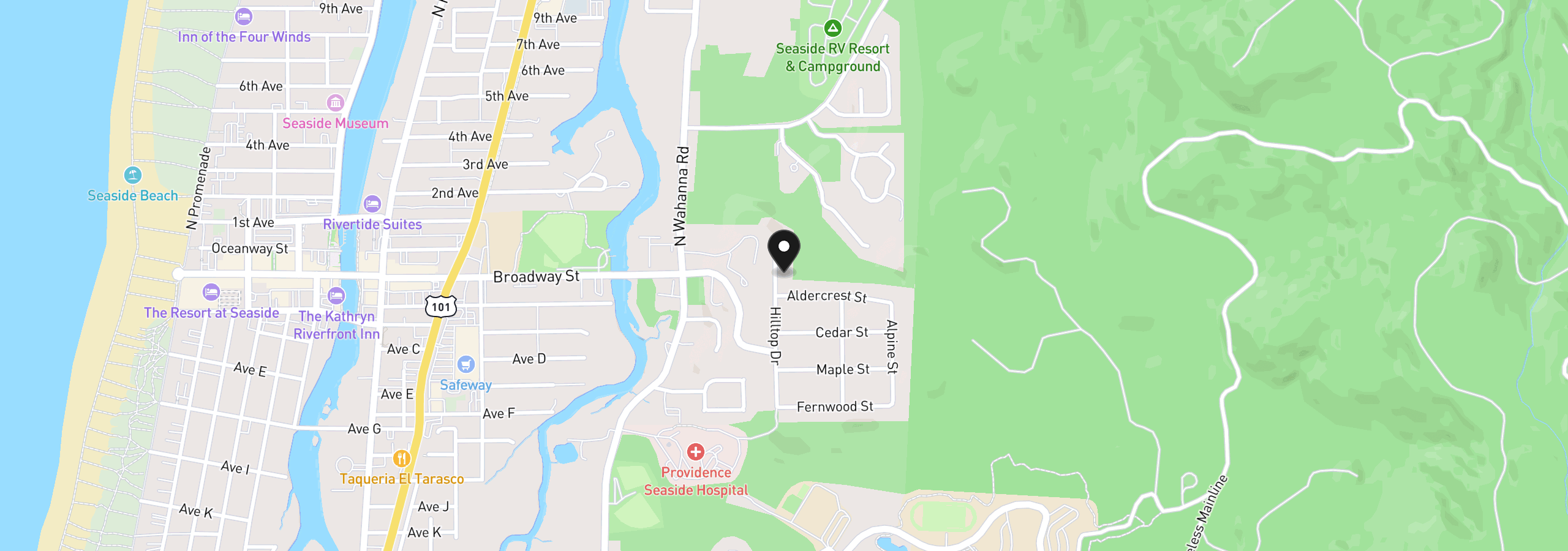 Map showing the location of 77 Hilltop Dr, Seaside, OR 97138