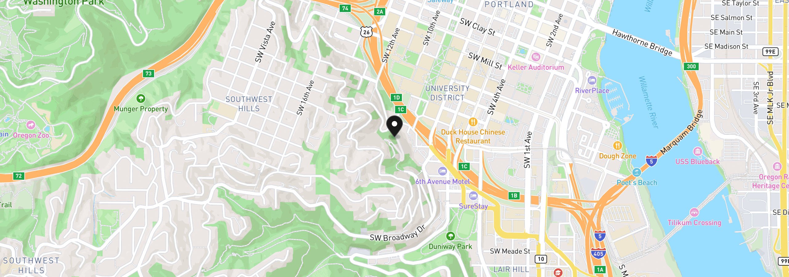 Map showing the location of 1274 SW Cardinell Way, Portland, OR 97201