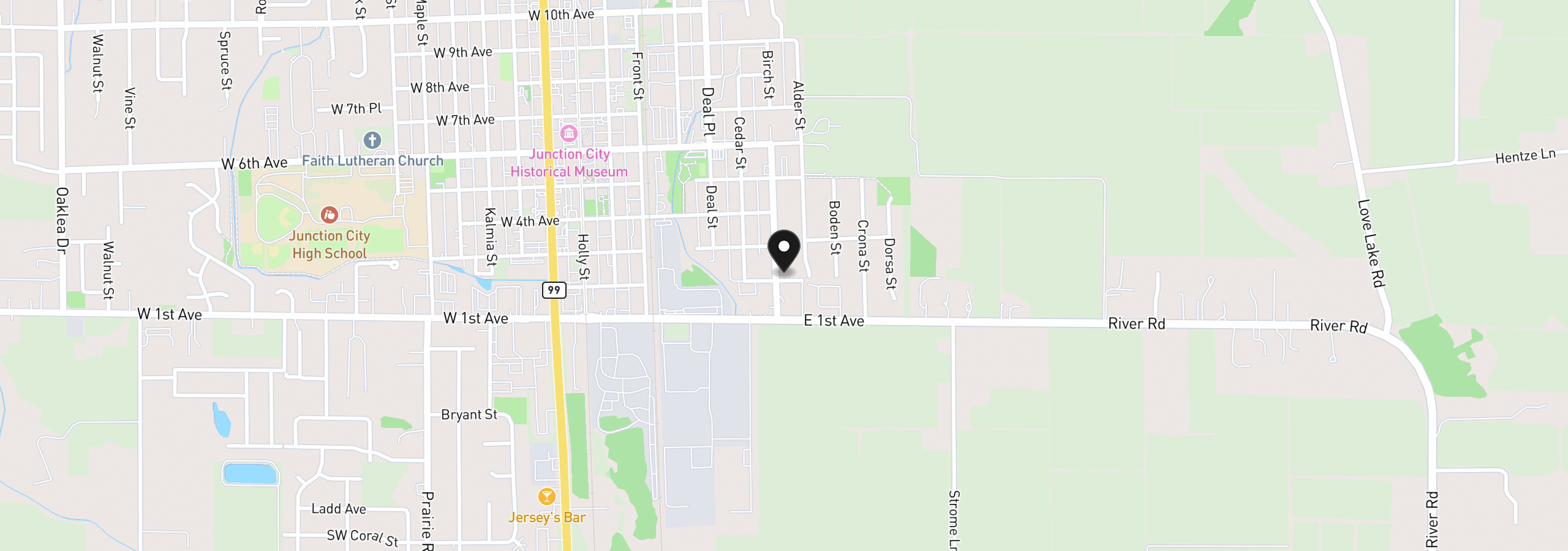 Map showing the location of 210 Birch St, Junction City, OR 97448