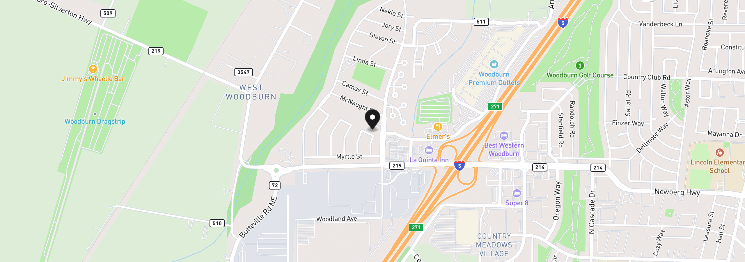 Map showing the location of 336 Acacia Ave, Woodburn, OR 97071