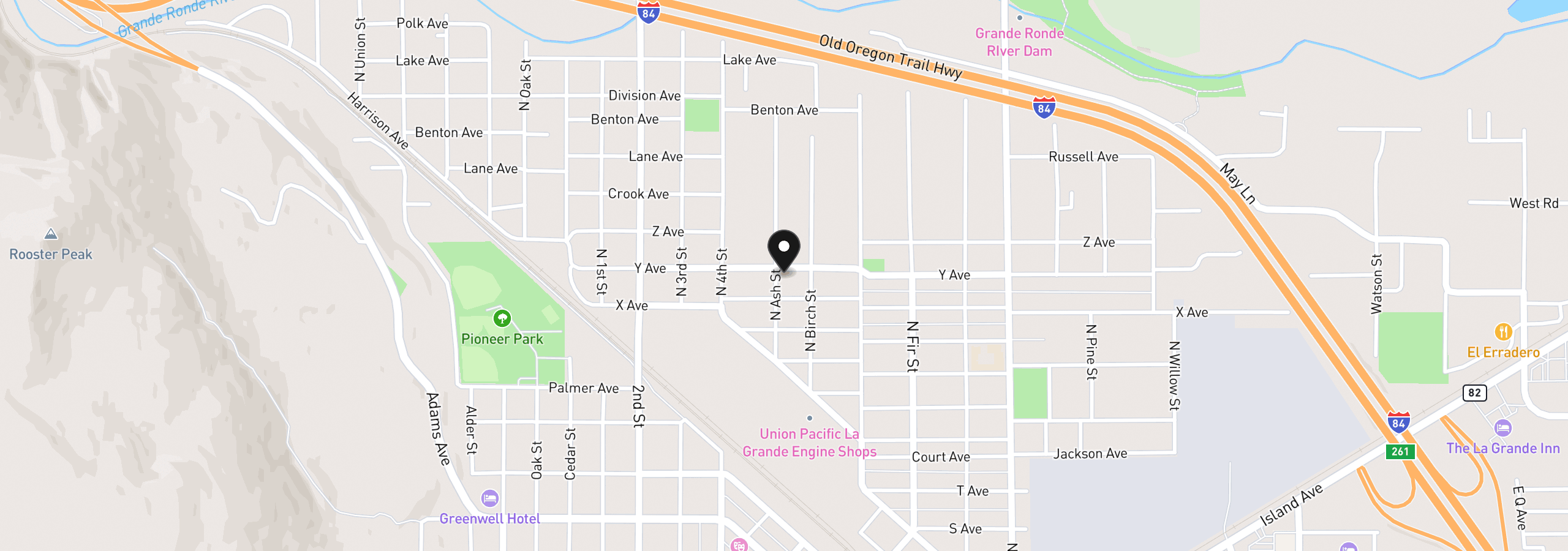 Map showing the location of 1102 Y Ave, La Grande, OR 97850