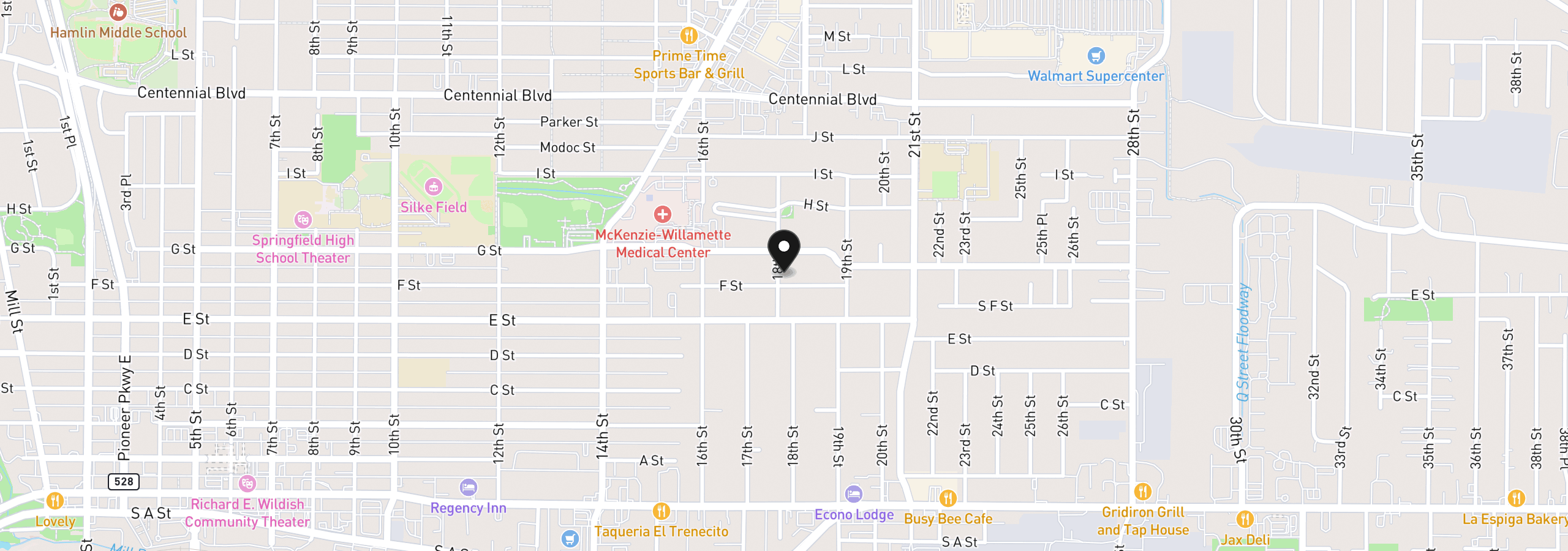 Map showing the location of 719 18th St, Springfield, OR 97477