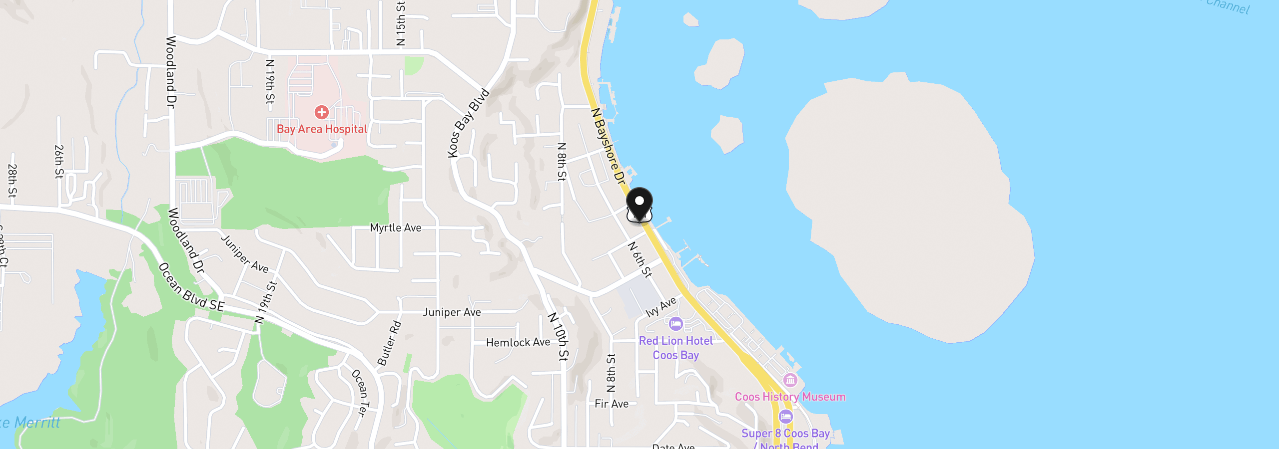 Map showing the location of 1685 N Bayshore Dr, Coos Bay, OR 97420