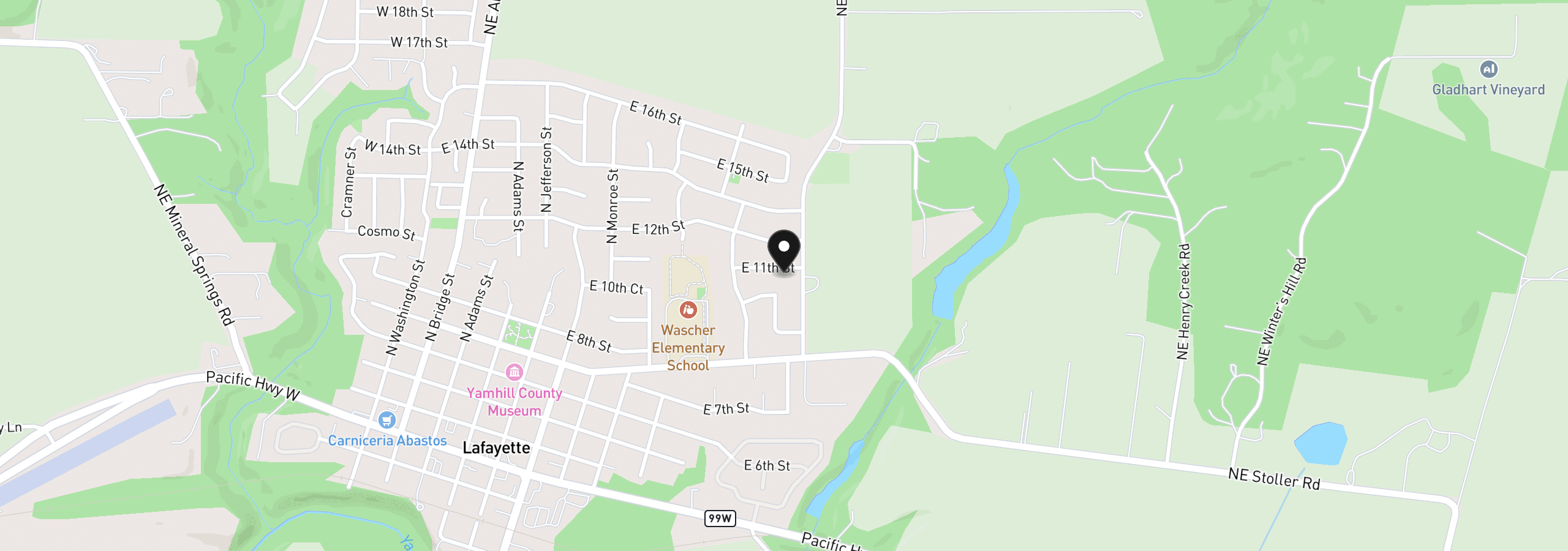 Map showing the location of 1115 E 11th St, Lafayette, OR 97127