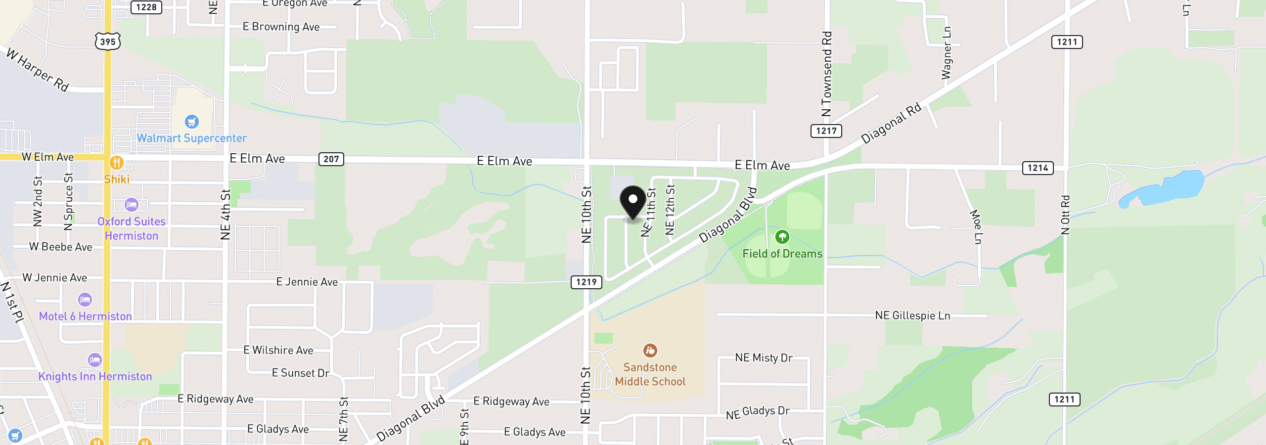 Map showing the location of 1098 NE 10th Pl, Hermiston, OR 97838