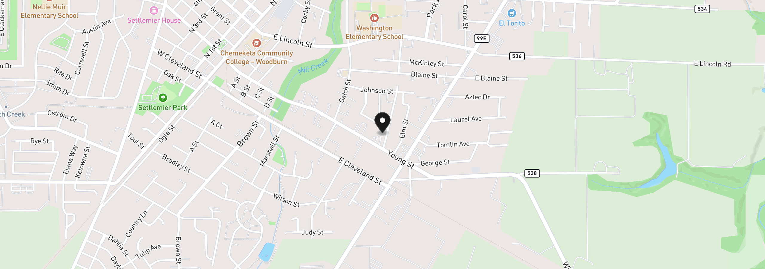 Map showing the location of 365 Bryan St, Woodburn, OR 97071