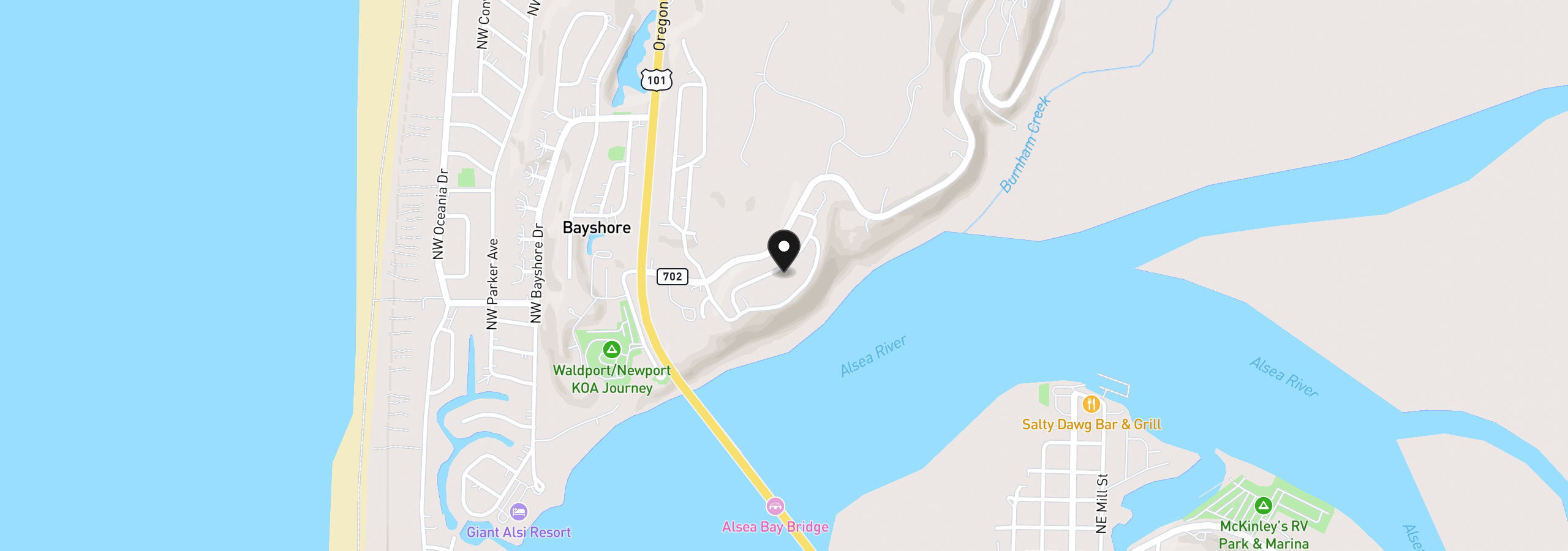 Map showing the location of 825 NW Highland Cir, Waldport, OR 97394