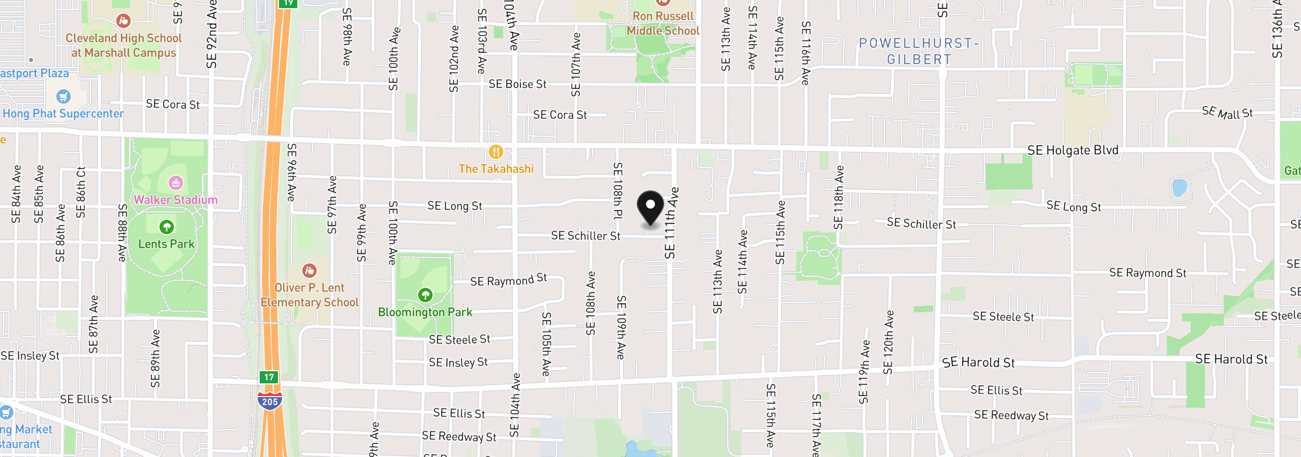 Map showing the location of 10947 SE Schiller St, Portland, OR 97266