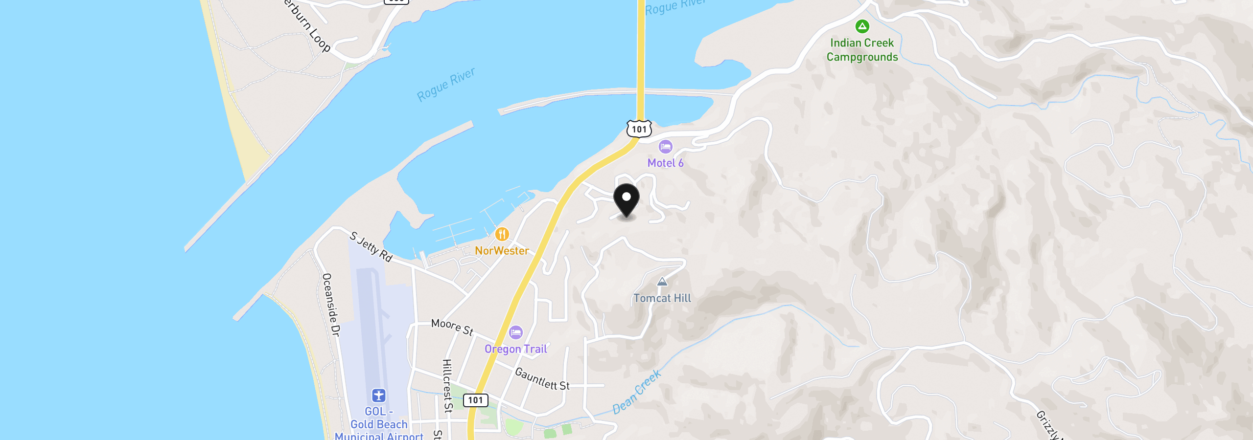 Map showing the location of Rogue View Ln, Gold Beach, OR 97444
