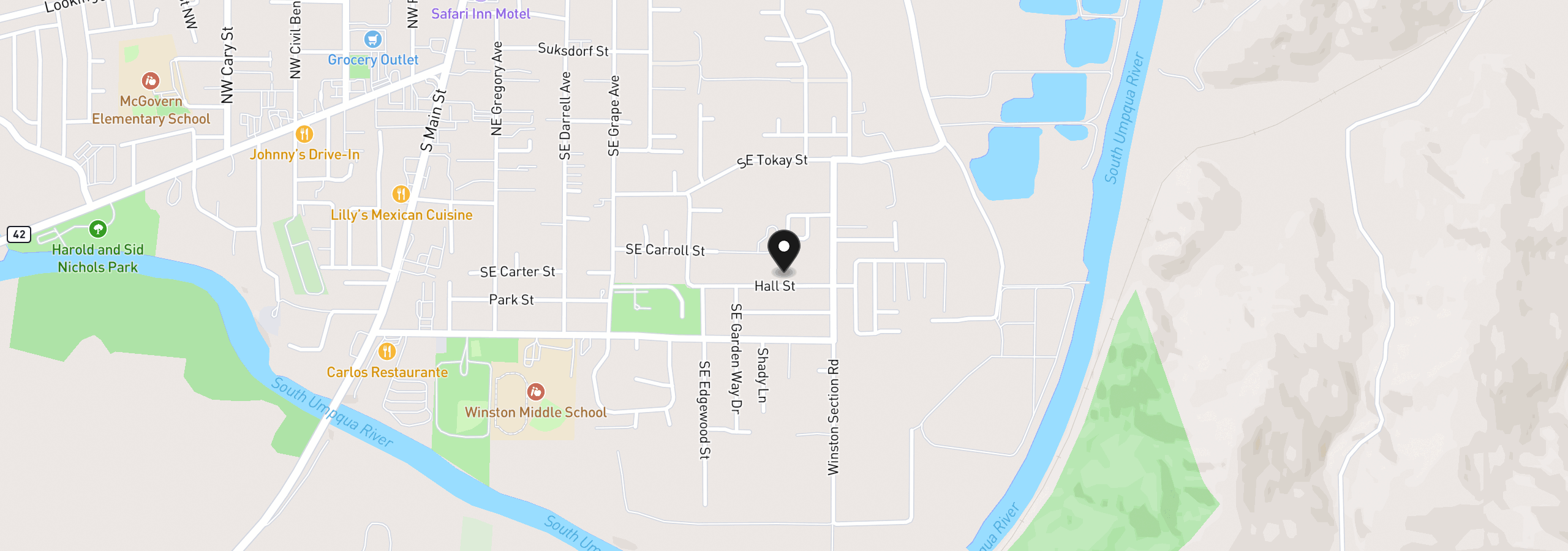 Map showing the location of 740 SE Hall St, Winston, OR 97496