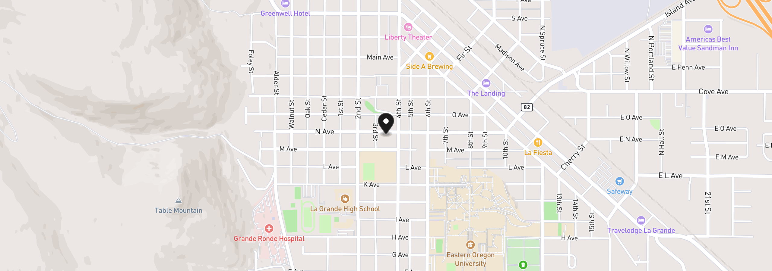 Map showing the location of 906 N Ave, La Grande, OR 97850