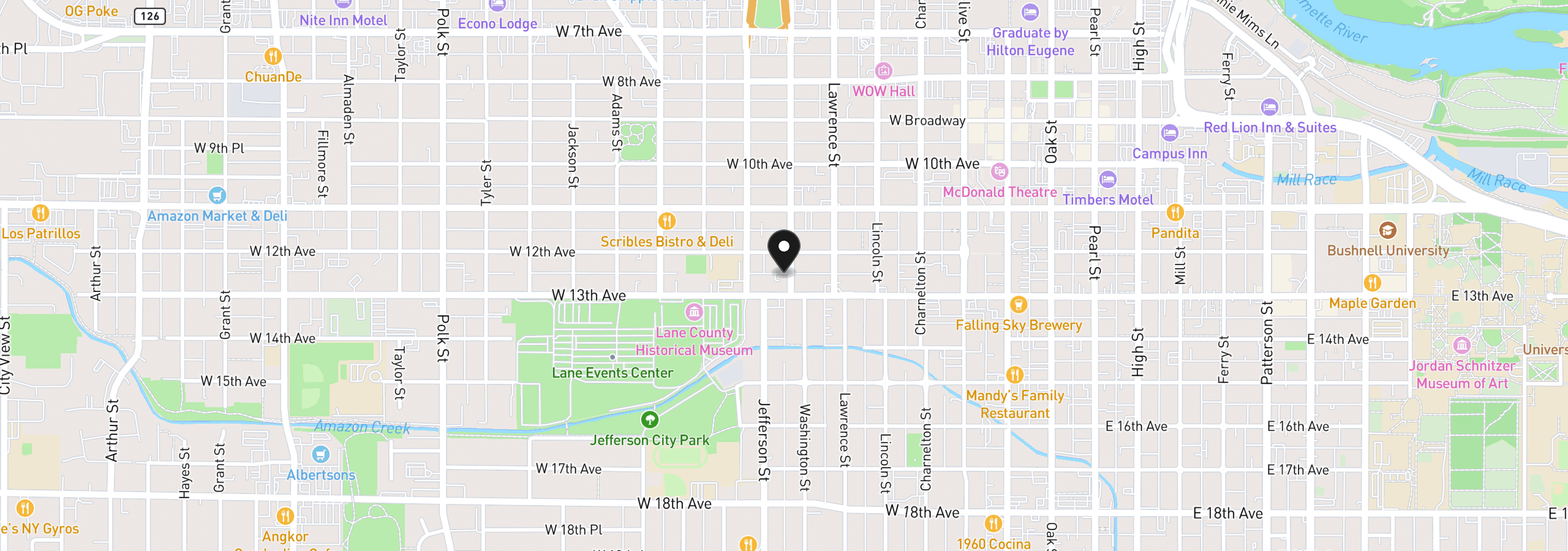 Map showing the location of 1258 Washington St, Eugene, OR 97401