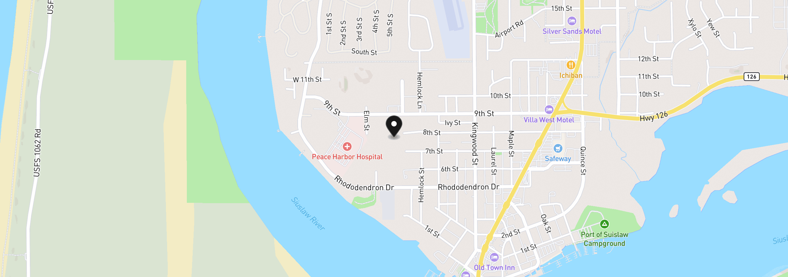 Map showing the location of 8th St, Florence, OR 97439