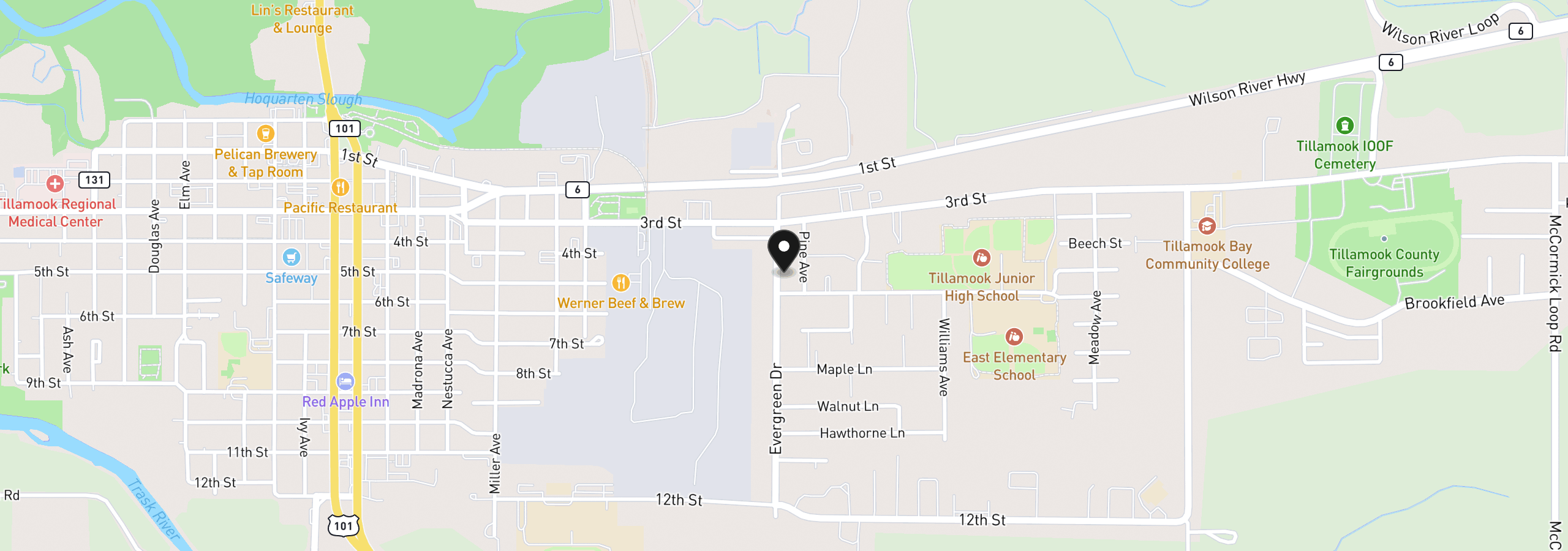 Map showing the location of 405 Evergreen Dr, Tillamook, OR 97141