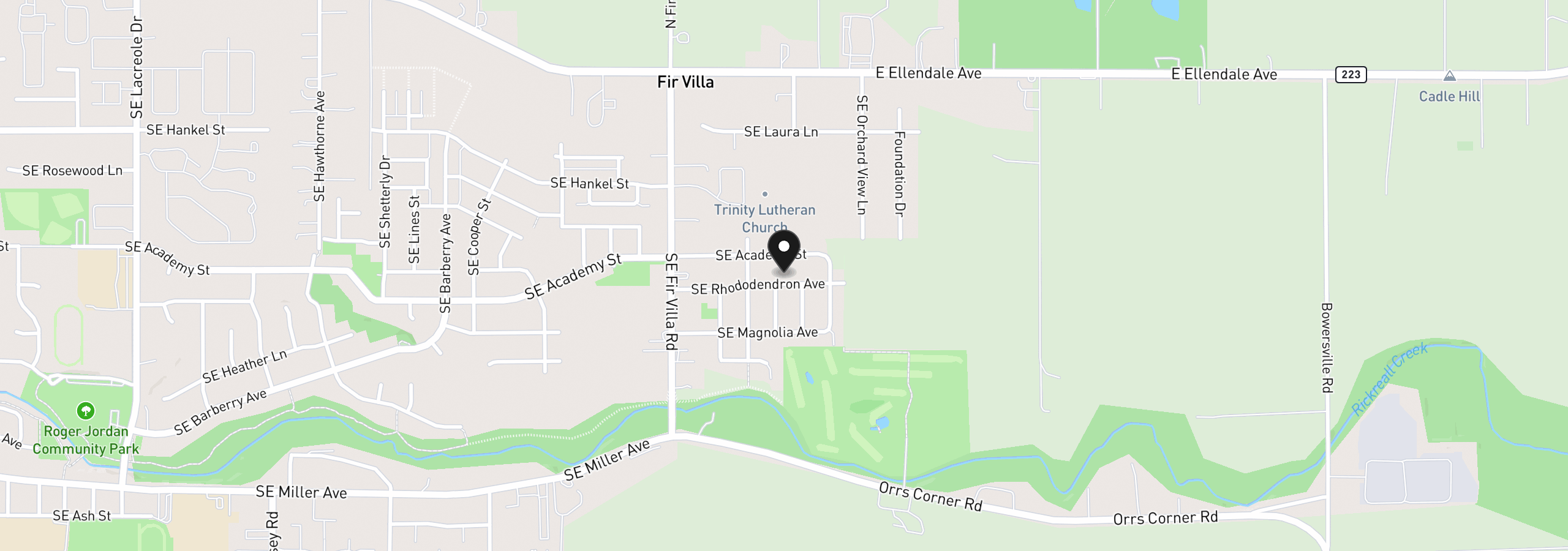 Map showing the location of 2144 SE Rhododendron Ave, Dallas, OR 97338