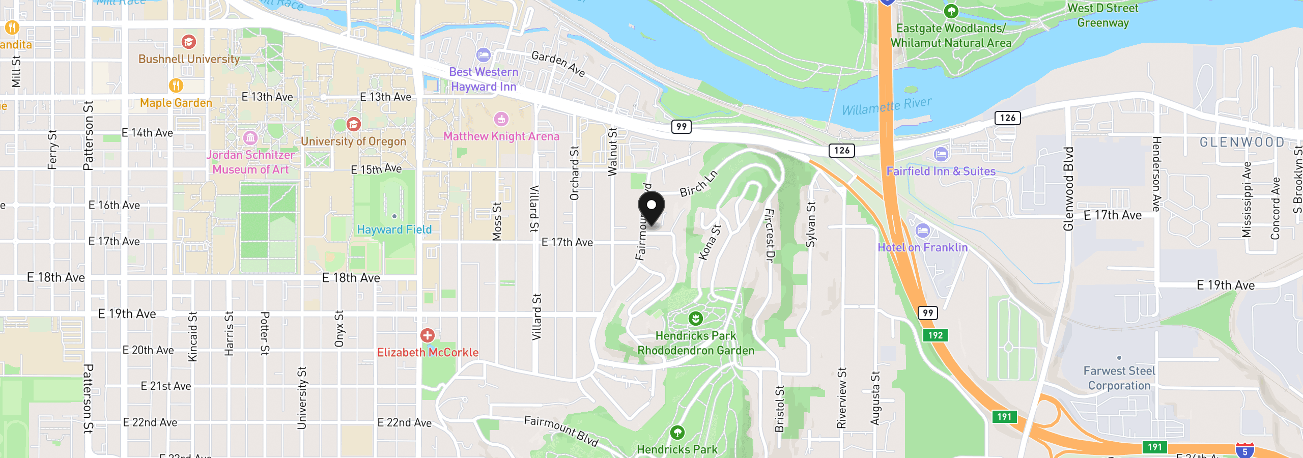 Map showing the location of 1669 Fairmount Blvd, Eugene, OR 97403