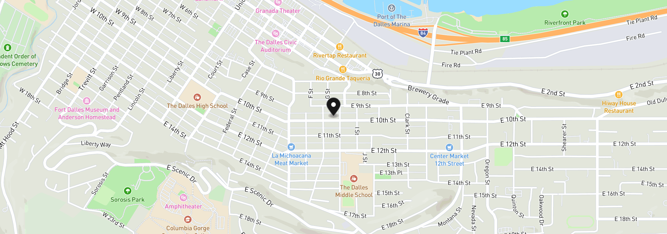 Map showing the location of 1015 E 10th St, The Dalles, OR 97058