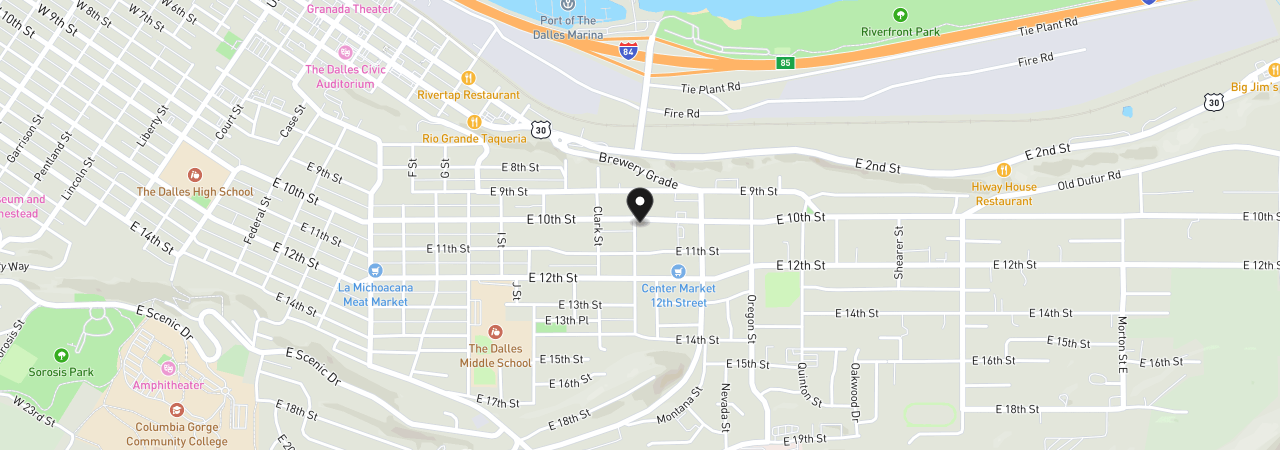 Map showing the location of 1524 E 10th St, The Dalles, OR 97058