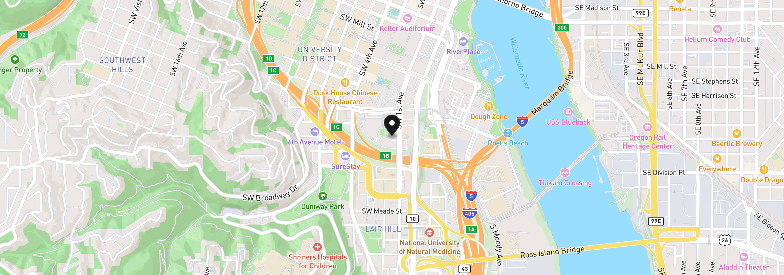 Map showing the location of 2221 SW 1st Ave 1524, Portland, OR 97201