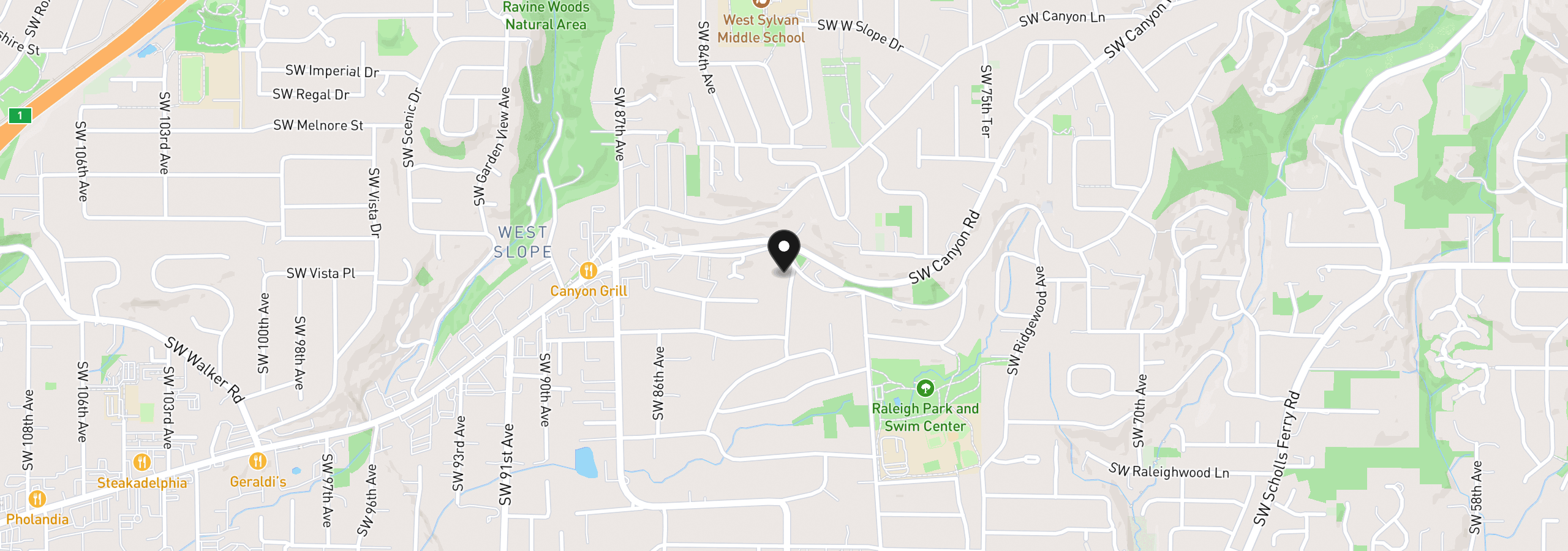 Map showing the location of 8220 SW Canyon Dr, Portland, OR 97225