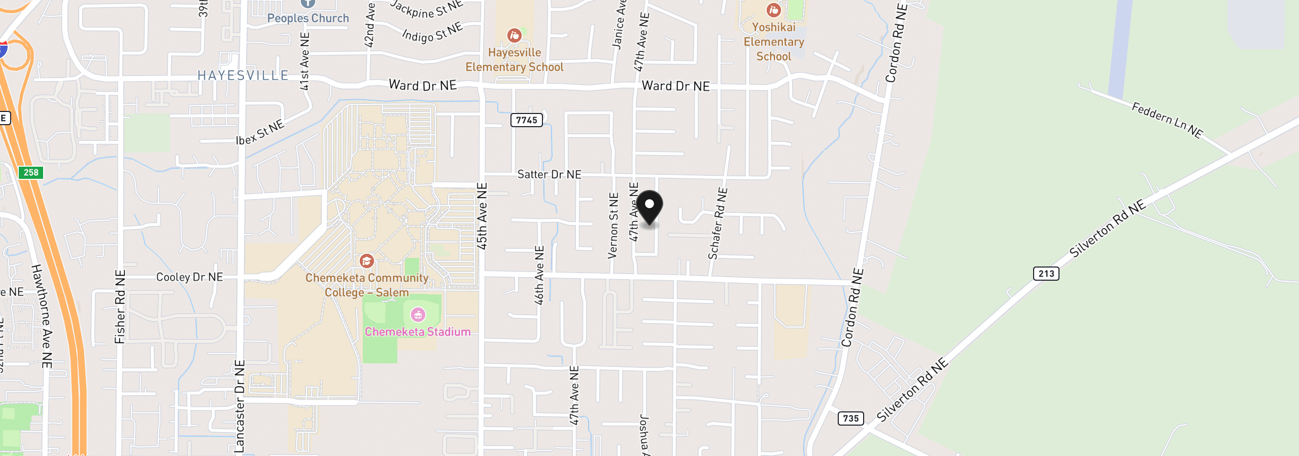 Map showing the location of 4077 Penticton Cir NE, Salem, OR 97305