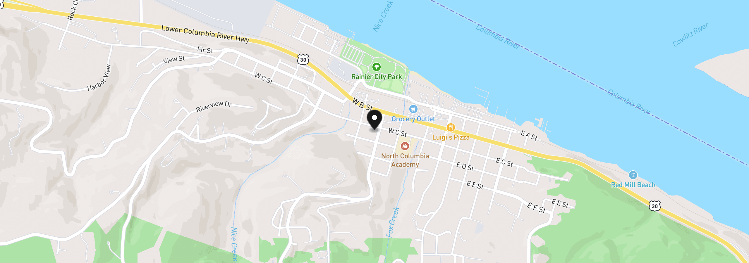 Map showing the location of 406 W C St, Rainier, OR 97048