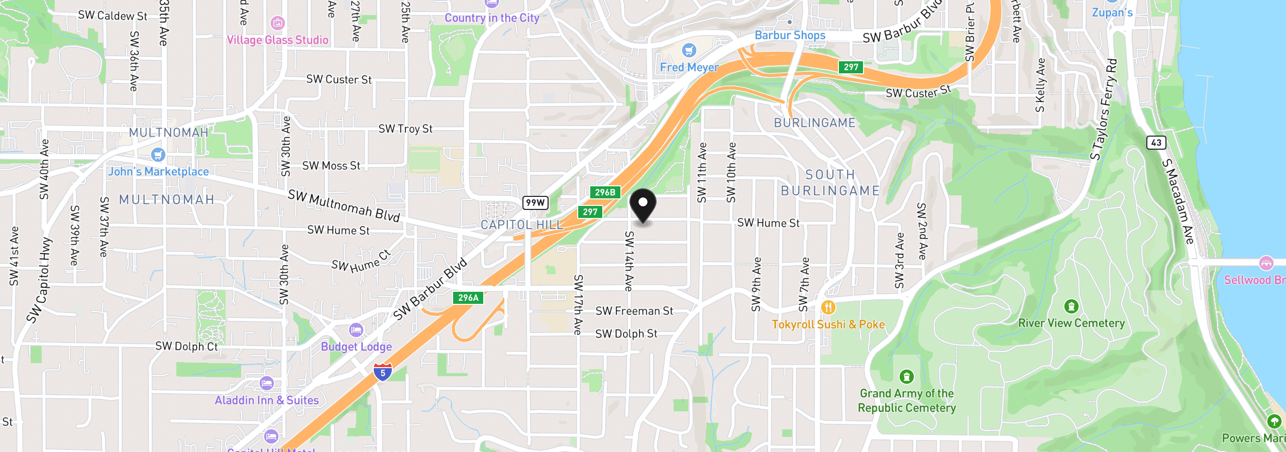 Map showing the location of 1330 SW Hume St, Portland, OR 97219