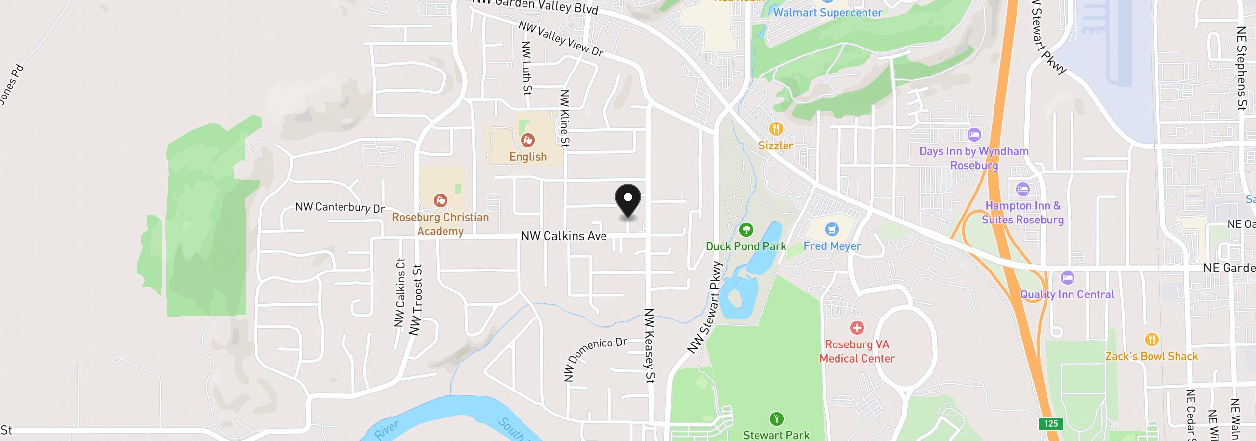 Map showing the location of 1562 NW Calkins Ave, Roseburg, OR 97471