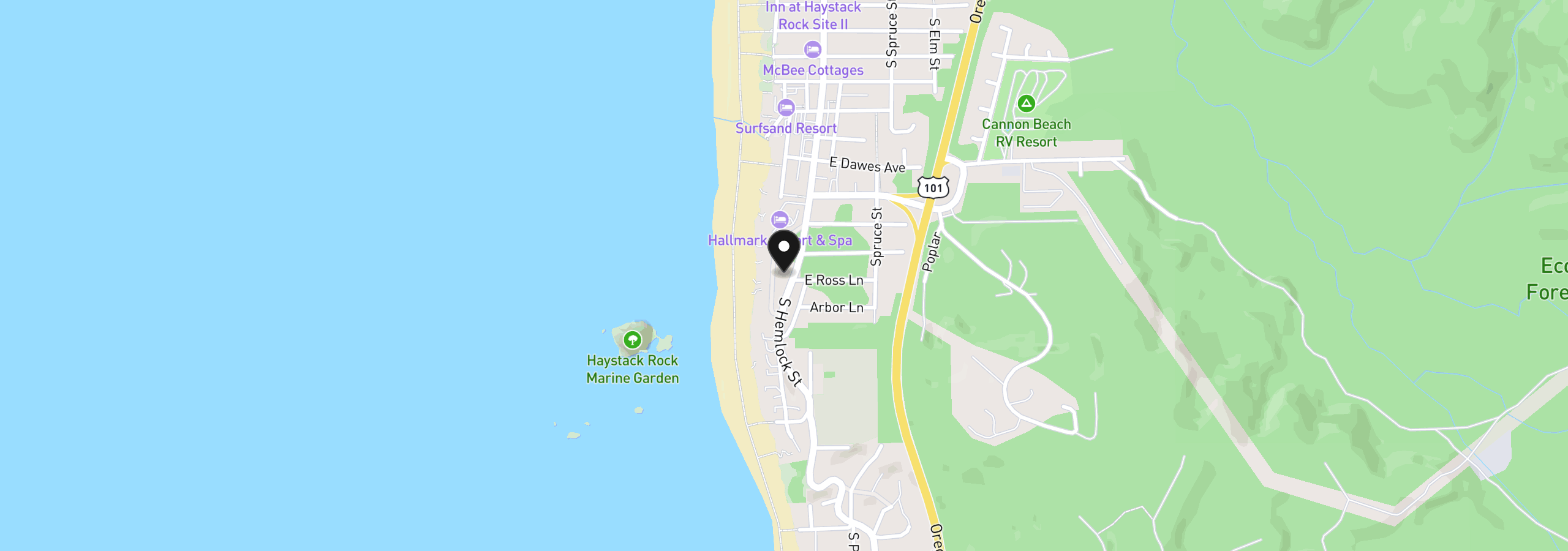 Map showing the location of Forest Lawn, Cannon Beach, OR 97110